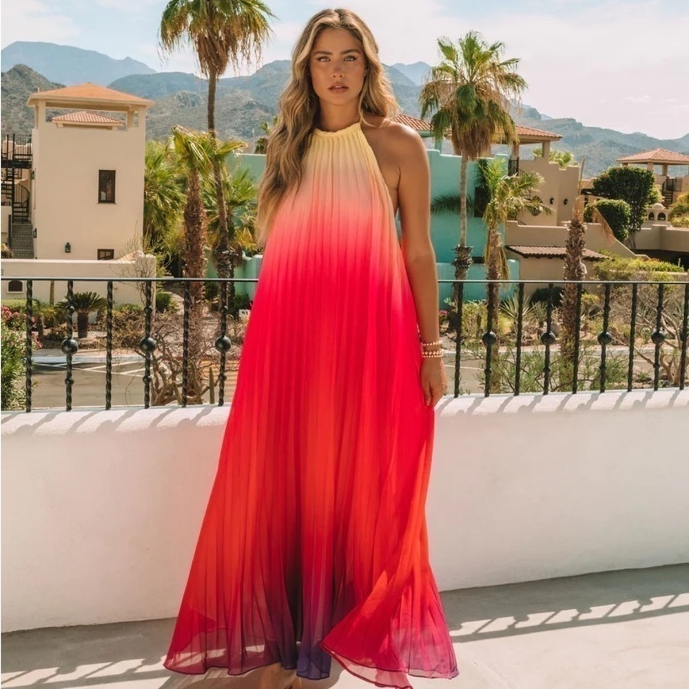 SOLD - Pleated OMBRE HALTER MAXI DRESS - PINK RED - Picture 6 of 9